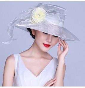 Ivory white colored organza material handmade large brim women's ladies female fashion wedding bridal Kentucky church evening party dresses sun fedoras hats  accessory